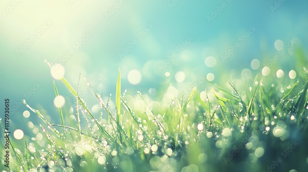 Obraz premium Blurred Dewy Meadow Scene with Clear Sky, Perfect for Text