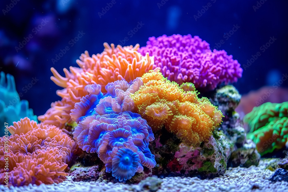 Fototapeta premium A vibrant cluster of cold-water corals growing on the ocean floor, surrounded by tiny marine creatures