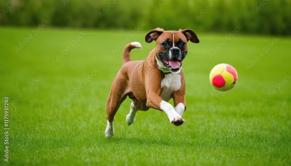 Dynamic shot of a Boxer dog mid-chase with a tennis ball on a sunny day. Vibrant and full of movement, showcasing a dog’s athletic and playful spirit Dynamic shot of a Boxer dog mid-chase with a tennis ball on a sunny day. Vibrant and full of movement, showcasing a dog’s athletic and playful spirit