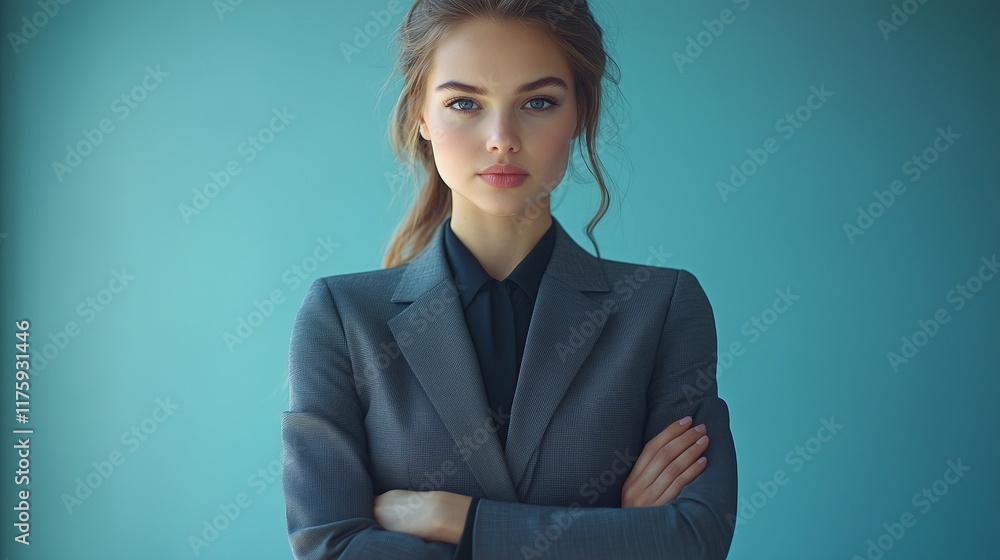 Young woman in charcoal grey suit, arms folded, serious expression. Young woman in charcoal grey suit, arms folded, serious expression.