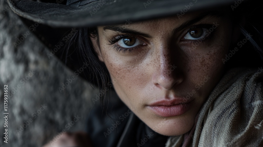 Close-up of an intense-looking Italian woman from the Wild West era. Sensual Italian woman looking directly at the camera. Close-up of an intense-looking Italian woman from the Wild West era. Sensual Italian woman looking directly at the camera.