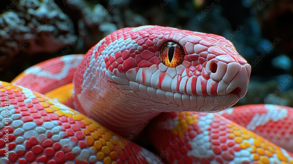 Fototapeta premium A vividly colored snake with intricate patterns glides gracefully through its habitat, highlighting the beauty of reptilian elegance.