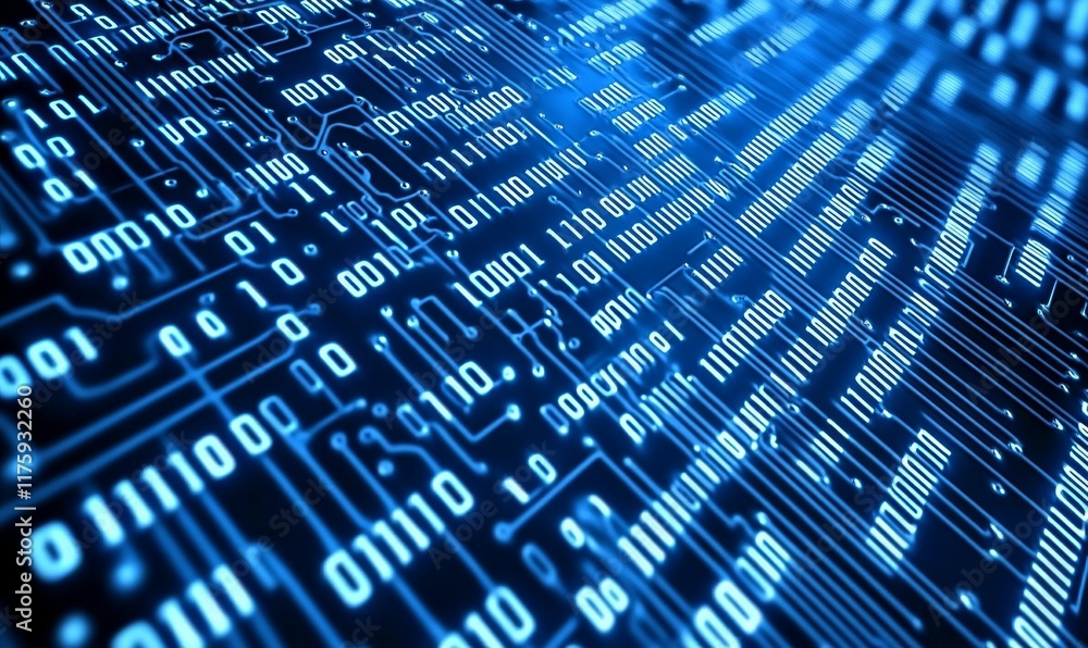 Obraz premium Digital Data Stream, Binary Code Flowing Over a High-Tech Circuit Board, Symbolizing Advanced Computing and Information Technology