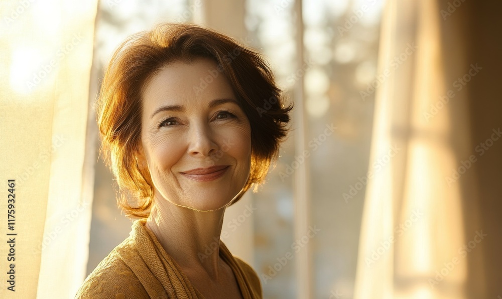 Elegant Mature Woman Smiling in Sunlit Room, grace, aging, wisdom, strength Elegant Mature Woman Smiling in Sunlit Room, grace, aging, wisdom, strength
