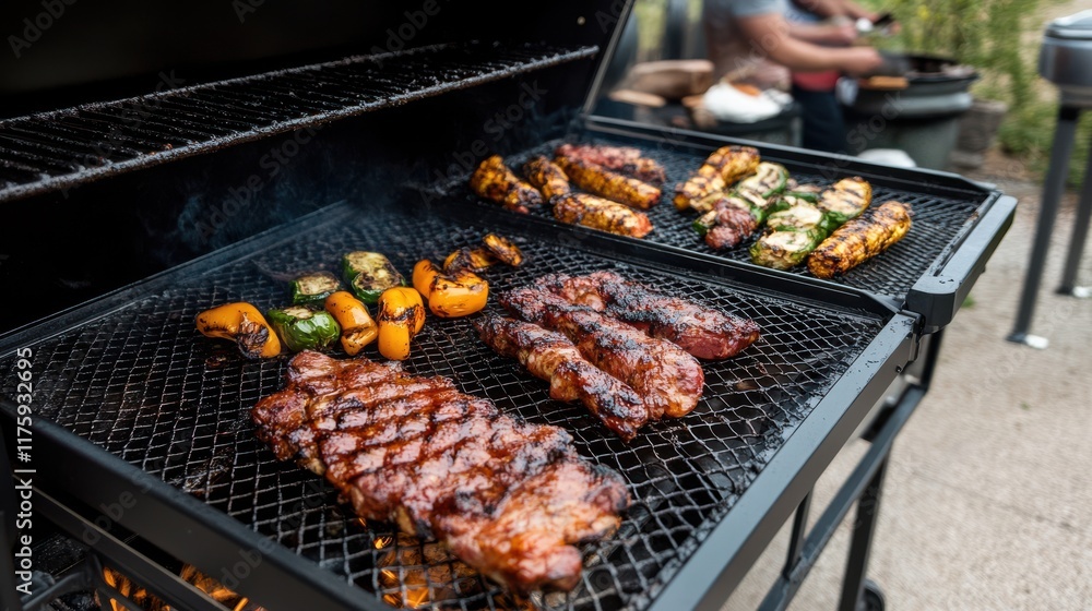 Close-up of a grill sizzling with juicy ribs and colorful vegetables, exuding a smoky aroma as the chef tends the barbecue feast. Close-up of a grill sizzling with juicy ribs and colorful vegetables, exuding a smoky aroma as the chef tends the barbecue feast.