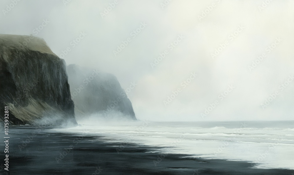 Obraz premium Foggy coastal landscape with smooth black sand beach and misty cliffs