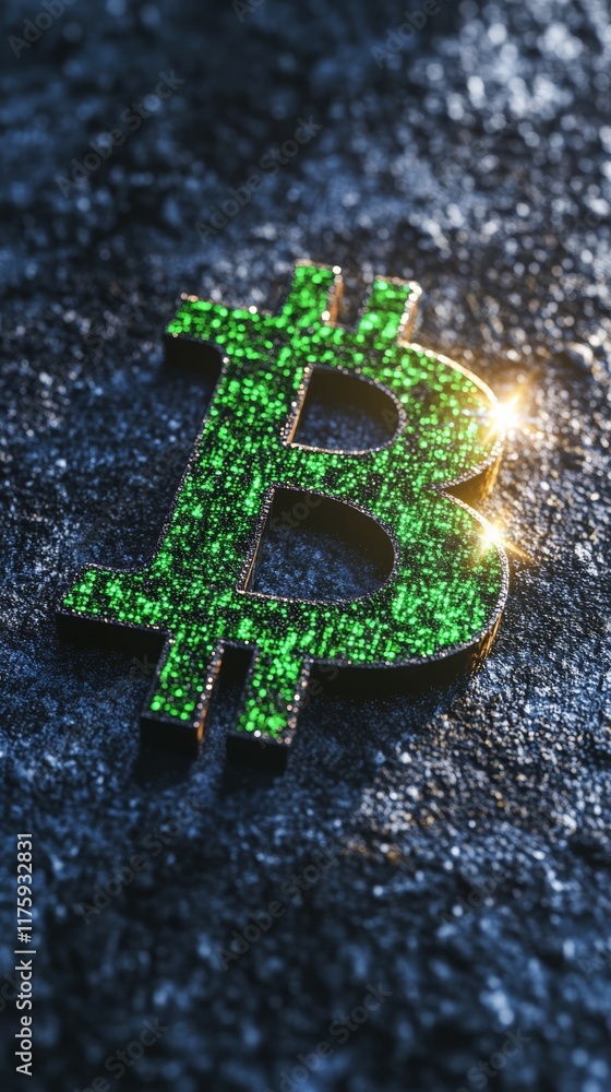 Green glowing bitcoin symbol made of digital data is laying on dark rough surface representing cryptocurrency and blockchain technology Green glowing bitcoin symbol made of digital data is laying on dark rough surface representing cryptocurrency and blockchain technology