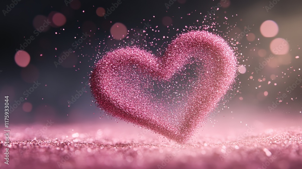 Obraz premium Pink glitter forming a heart shape dissolving over a sparkly pink background with bokeh, celebrating valentine's day, women's day or spring, symbolizing love and affection