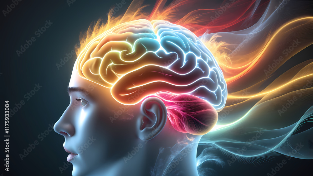 A glowing brain emitting dynamic golden and mint green waves in a detailed head profile, set against a soft, dark backdrop. A glowing brain emitting dynamic golden and mint green waves in a detailed head profile, set against a soft, dark backdrop.