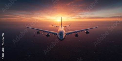Aerial view of an airplane flying towards a sunset over a cityscape.