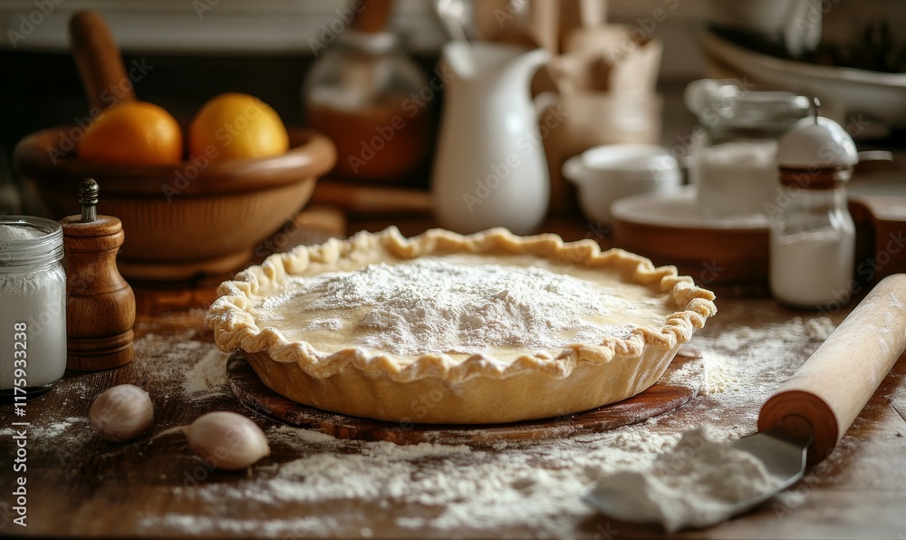 Rustic pie crust being prepared on a wooden countertop with flour, rolling pin, and filling ingredients nearby, warm and cozy lighting, Rustic pie crust being prepared on a wooden countertop with flour, rolling pin, and filling ingredients nearby, warm and cozy lighting,