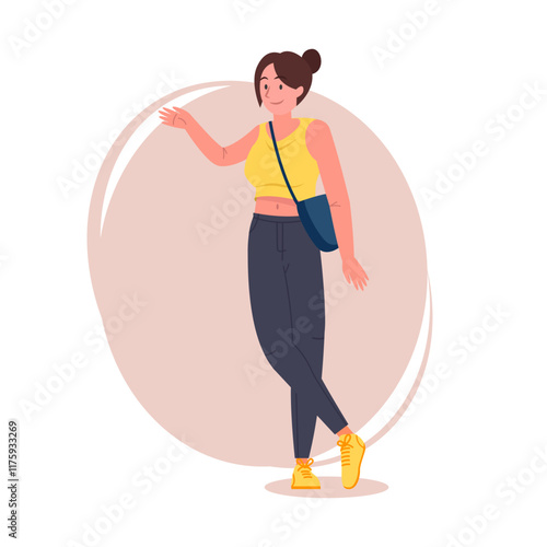 Hipster girl pose vector flat illustration. Cartoon latina female character with tied hair in stylish jeans, sneakers and shoulder bag, brunette woman standing and explaining something