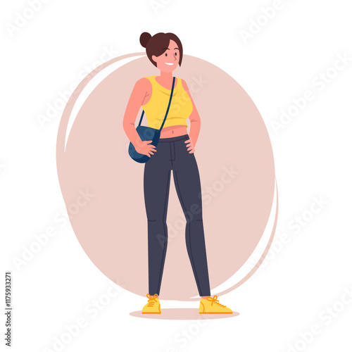 Hipster girl pose vector flat illustration. Cartoon latina female character with tied hair in stylish jeans, sneakers and shoulder bag, brunette woman standing position and gesture