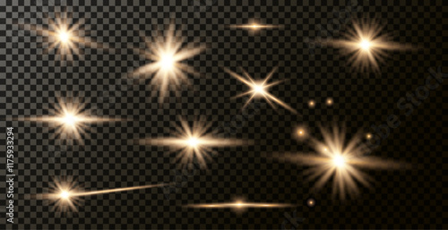Light effect of lens flares. Set of o light starburst effects with sparkles on a grey transparent background. 