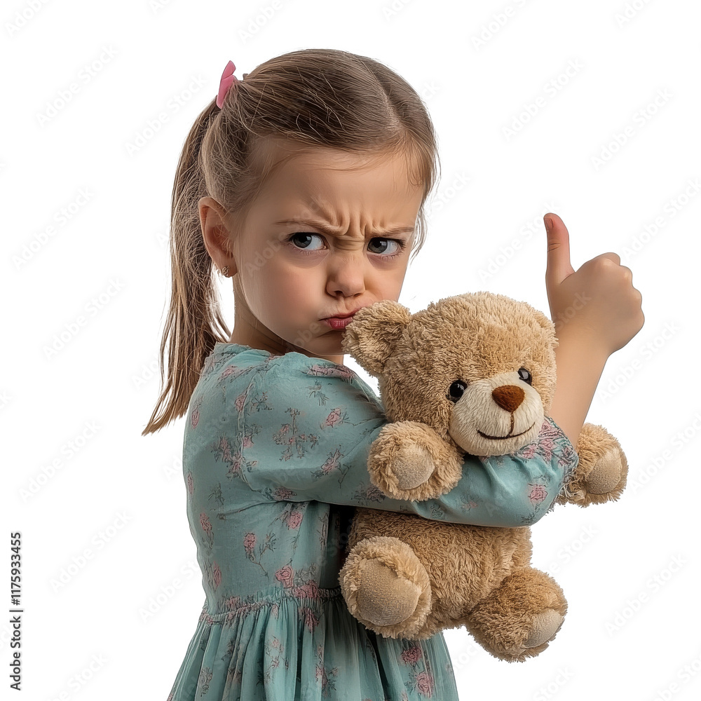 Girl holding teddy bear with a stern expression Girl holding teddy bear with a stern expression