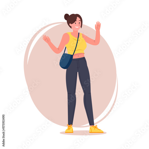 Hipster girl pose vector flat illustration. Cartoon latina female character with tied hair in stylish jeans, sneakers and shoulder bag, brunette woman standing and waving both hands