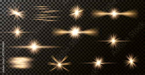 Light effect of lens flares. Set of o light starburst effects with sparkles on a grey transparent background. 