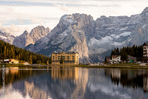 Misurina lake landscape during the sunset in autumn. Misurina Lake in Dolomites with sunset reflection in the lake. Misurina Lake, Belluno, Veneto, Italy.