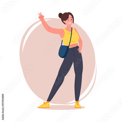 Hipster girl pose vector flat illustration. Cartoon latina female character with tied hair in stylish jeans, sneakers and shoulder bag, brunette woman standing and hand peace sign pose