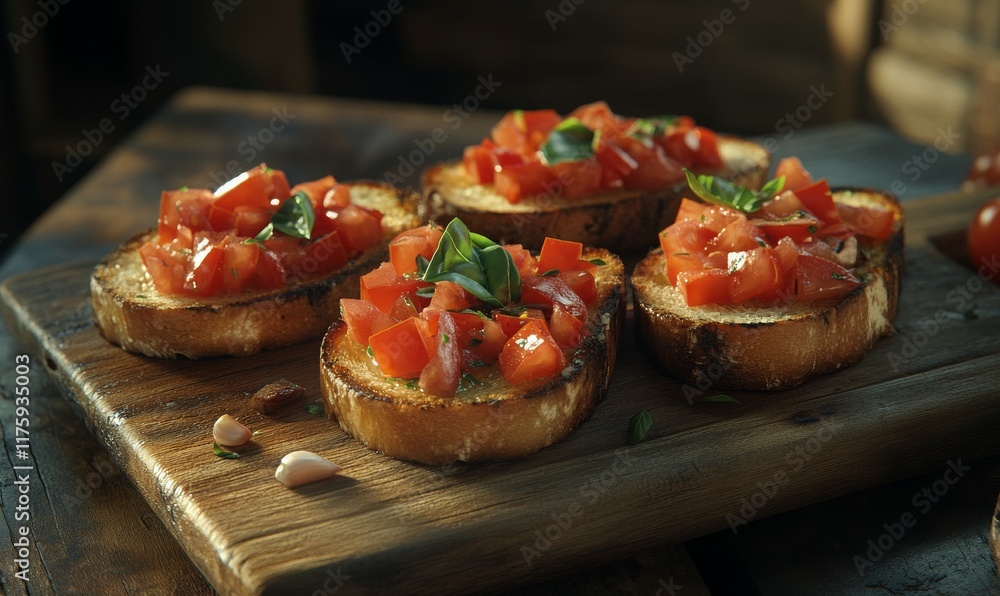 Italian-style bruschetta with fresh tomatoes, basil, garlic, and olive oil on crispy toasted bread, set on a rustic wooden board, Italian-style bruschetta with fresh tomatoes, basil, garlic, and olive oil on crispy toasted bread, set on a rustic wooden board,