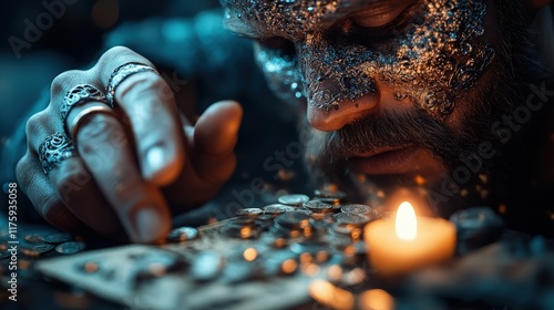 A bearded man concentrates on adorning coins with sparkling jewels, reflecting artistry, craftsmanship, and the deep connection between wealth and personal expression in a captivating scene. photo