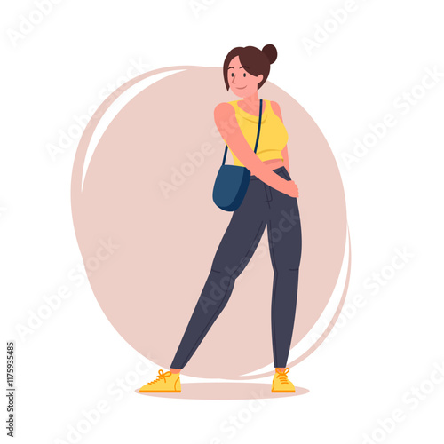 Hipster girl pose vector flat illustration. Cartoon latina female character with tied hair in stylish jeans, sneakers and shoulder bag, brunette woman standing with stylish pose