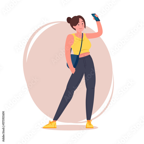 Hipster girl pose vector flat illustration. Cartoon latina female character with tied hair in stylish jeans, sneakers and shoulder bag, brunette woman standing and selfie pose