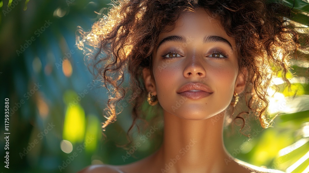 A portrait of a woman with curly hair, surrounded by lush greenery, exuding natural beauty. A portrait of a woman with curly hair, surrounded by lush greenery, exuding natural beauty.
