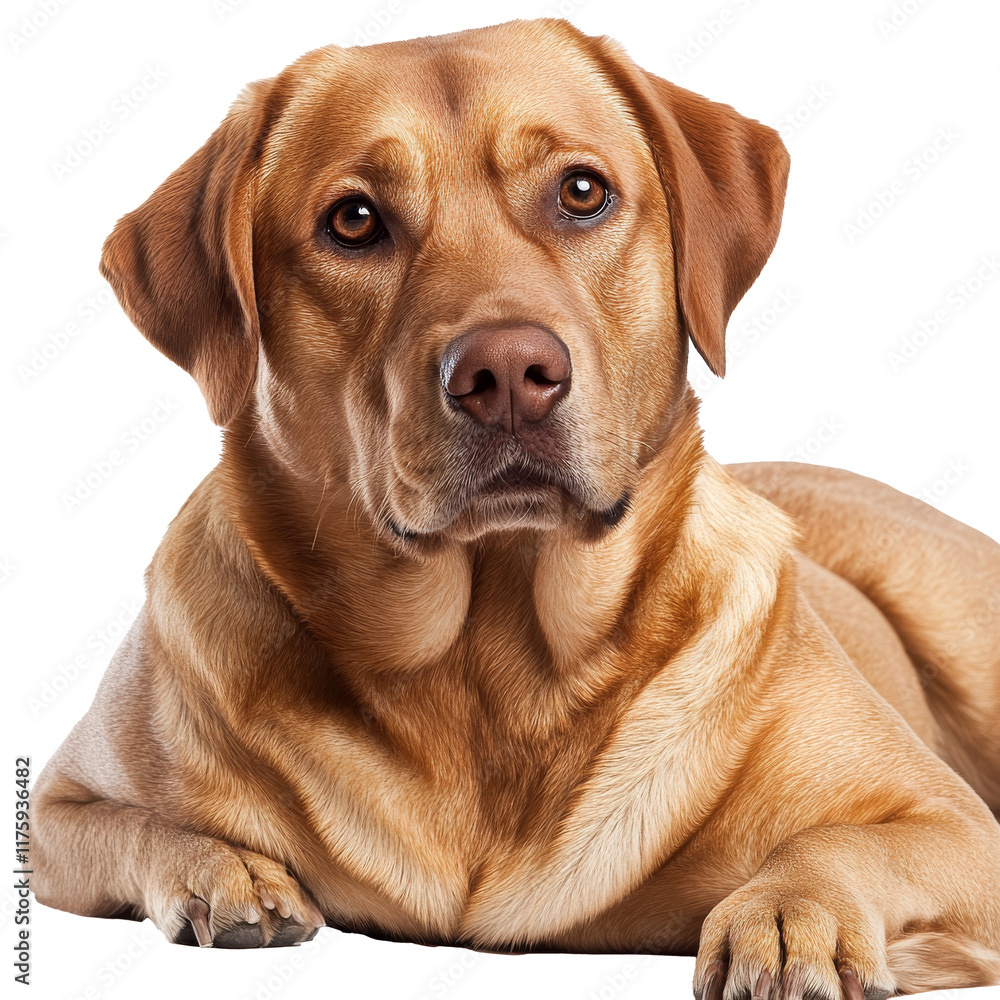 Friendly dog resting calmly on a white background Friendly dog resting calmly on a white background
