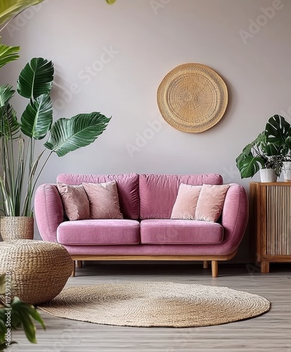 Pink velvet sofa, living room interior, wooden wall art, tropical plants, monstera leaves, bohemian decor, natural light, cozy atmosphere, minimalist design, wooden side table, textured throw pillows,