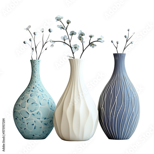 Elegant vases displaying delicate flowers against a minimalistic transparent background, beautiful vases on transparent background photo