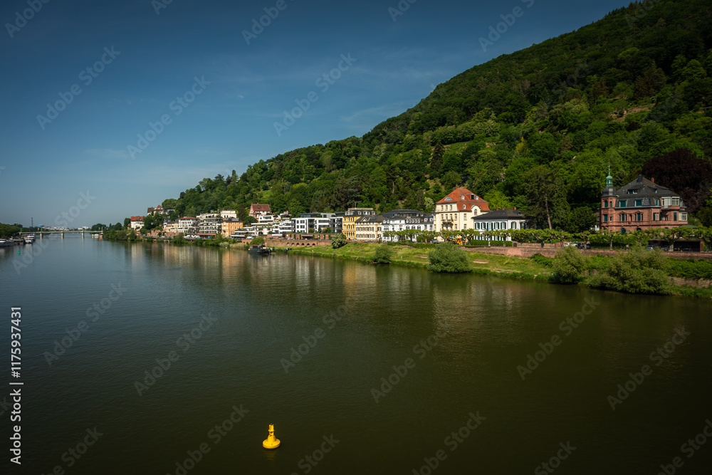 The Neckar River with old Villas on the Riverbanks, Part of Heidelberg City, Germany, a sunny Summer Day with blue Sky; Copy Space The Neckar River with old Villas on the Riverbanks, Part of Heidelberg City, Germany, a sunny Summer Day with blue Sky; Copy Space