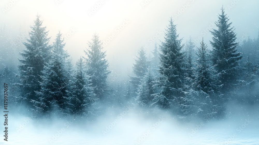 Obraz premium A serene winter landscape with snow-covered trees shrouded in mist.