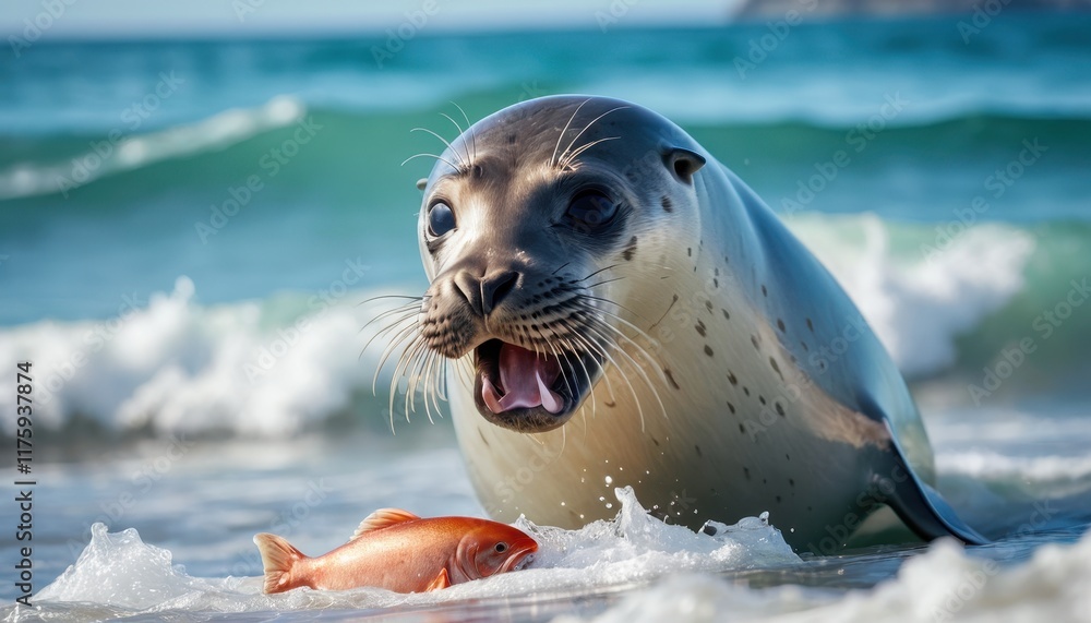 Fototapeta premium Close-up of a cheerful seal in the water with a bright orange fish. An engaging and dynamic snapshot of marine life and nature’s harmony