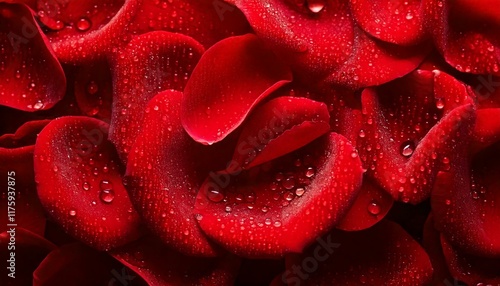 Romantic dewy red rose petals background, ideal for projects related to weddings, Valentine's Day, or bridal parties photo