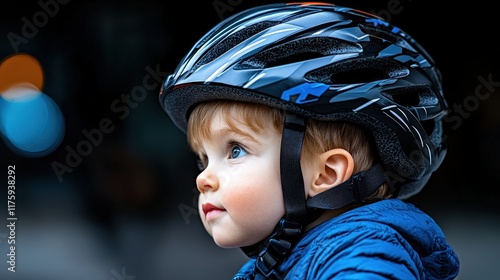 A young child in a safety helmet looks on with curiosity, surrounded by a vibrant urban setting, highlighting themes of childhood exploration, safety, and the adventurous spirit in youth. photo