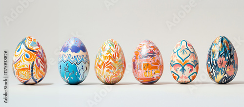 A row of six intricately hand-painted eggs displayed against a light background, each adorned with unique, vibrant patterns and designs, showcasing a blend of abstract and floral themes in rich, vivid photo