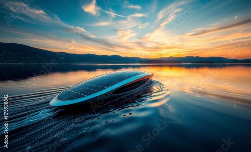 Sunset over tranquil lake, motorboat creating ripples, vibrant orange and blue sky, silhouetted mountains, reflective water surface, dramatic clouds, serene landscape, golden hour, panoramic view, hig photo