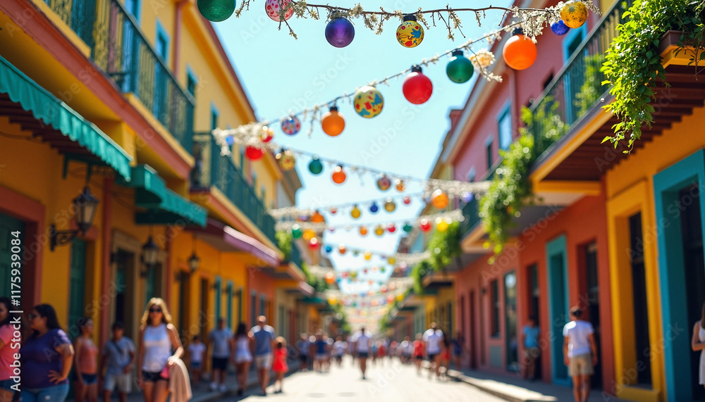 Holiday-themed street decorations in daylight during bustling Carnaval scene in Brasil Holiday-themed street decorations in daylight during bustling Carnaval scene in Brasil