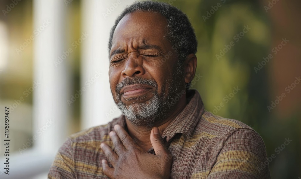 Man clutching chest in pain, suffering from heart problem Man clutching chest in pain, suffering from heart problem