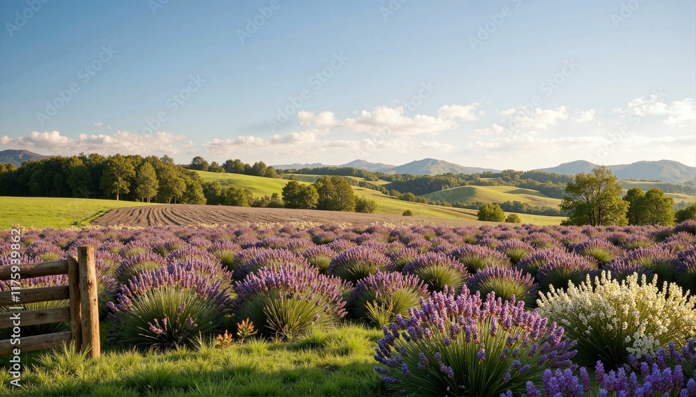 Fototapeta premium Lavender fields basking in spring sunlight, countryside tranquility