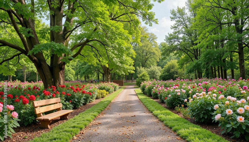 Obraz premium Scenic trail bordered by blooming roses in public garden, spring beauty