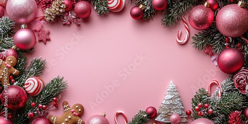 Festive Christmas decoration with ornaments, candy canes, and gingerbread on a pink background.