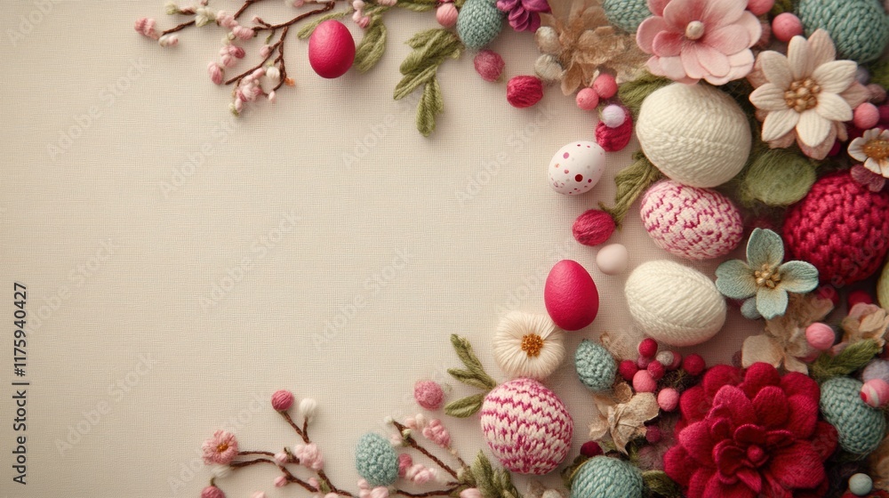 Colorful Easter eggs and flowers arranged beautifully on a pastel background Colorful Easter eggs and flowers arranged beautifully on a pastel background