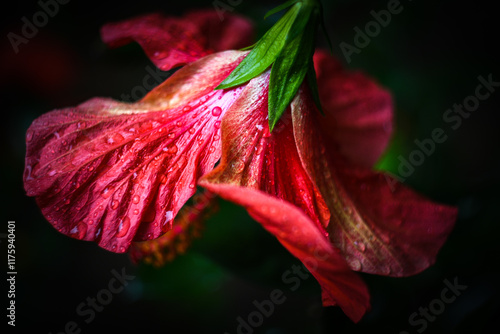 Flor roja de hibisco con bokeh y fondo desenfocado