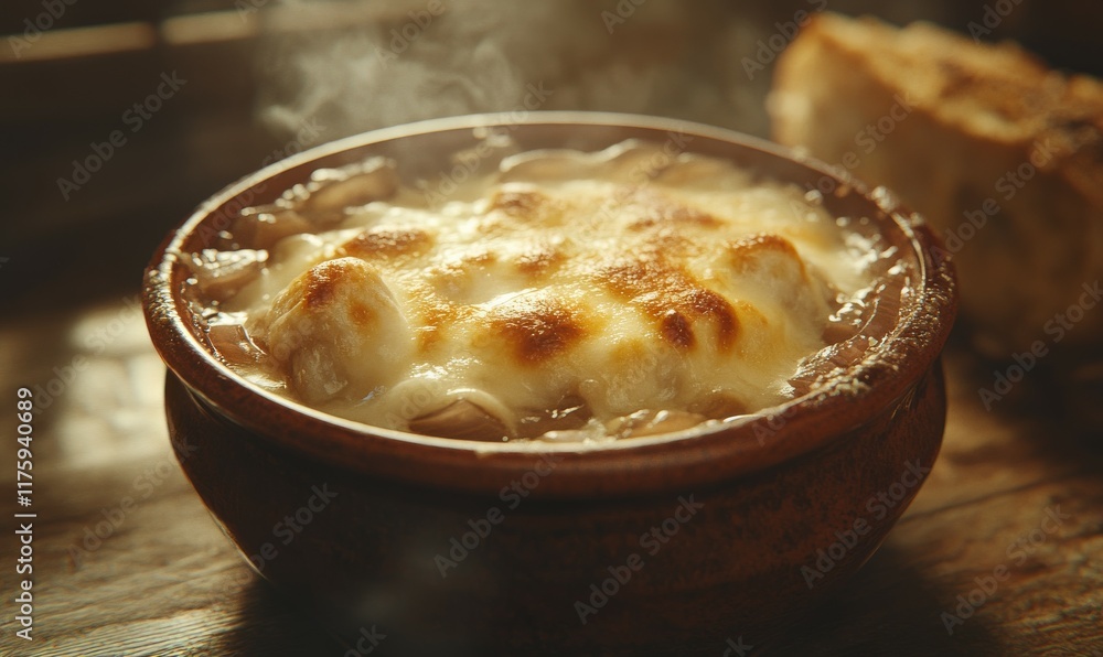 Rich and creamy French onion soup in a rustic ceramic bowl, topped with golden melted cheese and crusty bread, warm tones, Rich and creamy French onion soup in a rustic ceramic bowl, topped with golden melted cheese and crusty bread, warm tones,