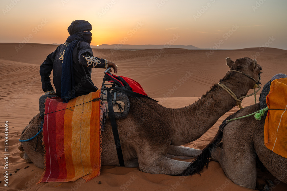 A person with his face covered sits on a camel in the desert during sunset
