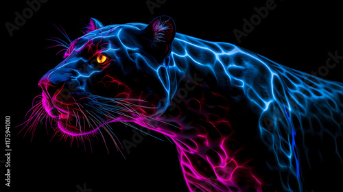 Black Panther Animal Plexus Neon Black Background Digital Desktop Wallpaper HD 4k Network Light Glowing Laser Motion Bright Abstract	 photo