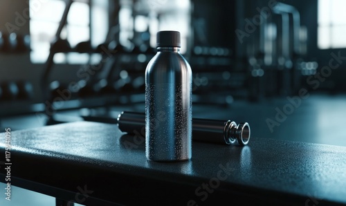 Sports water bottle mockup on a gym bench, light sweat drops, sleek design and metallic highlights, modern and active lifestyle concept,