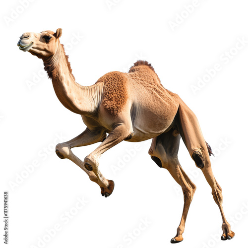 Camel running across a desert landscape photo